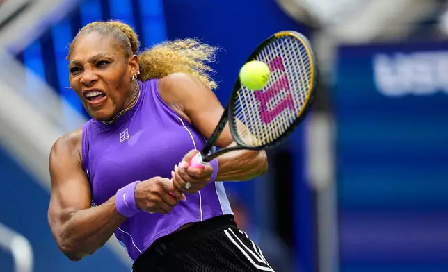 Serena Williams, of the United States, returns the ball during a mixed doubles match at the U.S. Open tennis championships, Tuesday, Aug. 25, 2026, in New York. (AP Photo/Yuki Iwamura)