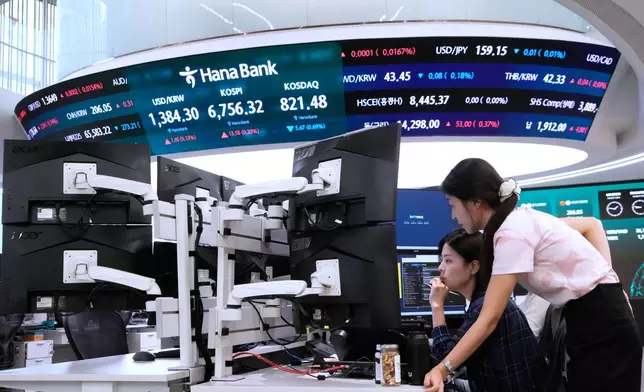 Currency traders watch monitors at the foreign exchange dealing room of the Hana Bank headquarters in Seoul, South Korea, Wednesday, Aug. 26, 2026. (AP Photo/Ahn Young-joon)