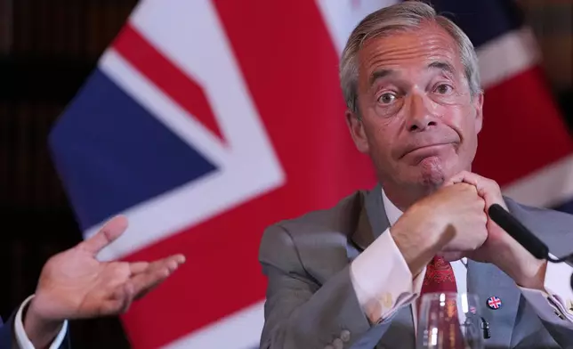 Nigel Farage, Leader of Britain's Reform UK party, attends a press conference in London, Monday, Aug. 10, 2026. (AP Photo/Kin Cheung)