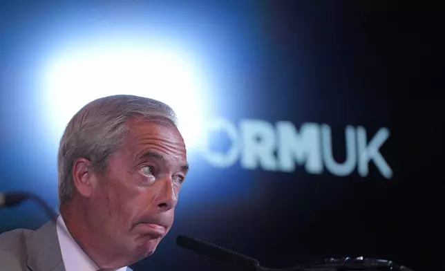 Nigel Farage, Leader of Britain's Reform UK party, speaks during a press conference in London, Monday, Aug. 10, 2026. (AP Photo/Kin Cheung)