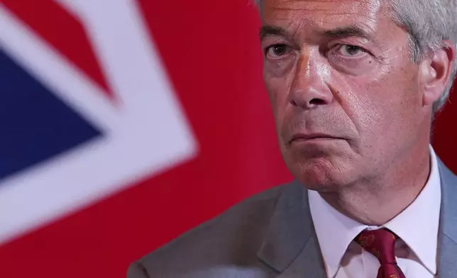 Nigel Farage, Leader of Britain's Reform UK party, speaks during a press conference in London, Monday, Aug. 10, 2026. (AP Photo/Kin Cheung)