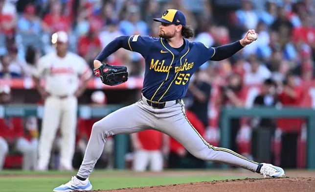 Milwaukee Brewers pitcher Shane Drohan delivers during the first inning of a baseball game against the Los Angeles Angels, Friday, July 31, 2026, in Anaheim, Calif. (AP Photo/William Liang)