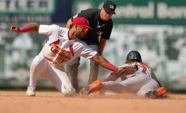 Baltimore Orioles' Jackson Holliday (7) steals second ahead of the tag from St. Louis Cardinals shortstop José Fermín, left, during the eighth inning of a baseball game Thursday, Aug. 27, 2026, in St. Louis. (AP Photo/Jeff Roberson)