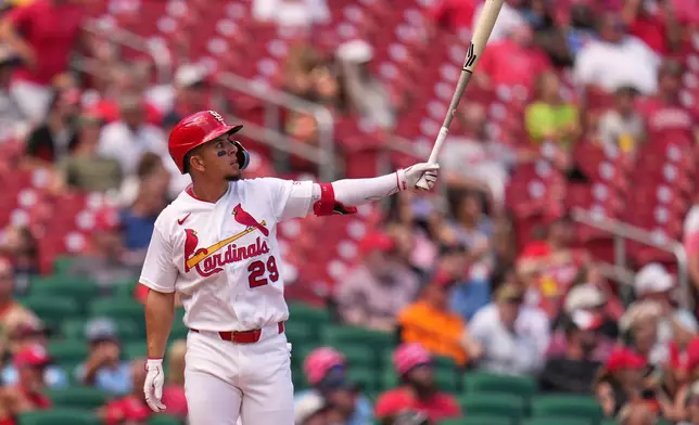 St. Louis Cardinals' Ramón Urías watches his two-run home run during the fourth inning of a baseball game against the Baltimore Orioles Thursday, Aug. 27, 2026, in St. Louis. (AP Photo/Jeff Roberson)