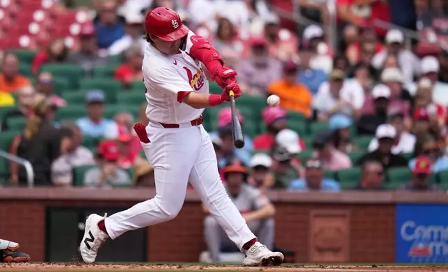 St. Louis Cardinals' Blaze Jordan hits a three-run home run during the second inning of a baseball game against the Baltimore Orioles Thursday, Aug. 27, 2026, in St. Louis. (AP Photo/Jeff Roberson)