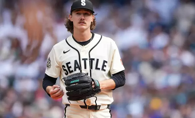 Seattle Mariners starting pitcher Bryce Miller looks on after walking Chicago Cubs' Pete Crow-Armstrong during the fifth inning of a baseball game, Sunday, Aug. 23, 2026, in Seattle. (AP Photo/Lindsey Wasson)