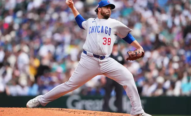 Chicago Cubs relief pitcher Aaron Civale throws against the Seattle Mariners during the fourth inning of a baseball game, Sunday, Aug. 23, 2026, in Seattle. (AP Photo/Lindsey Wasson)