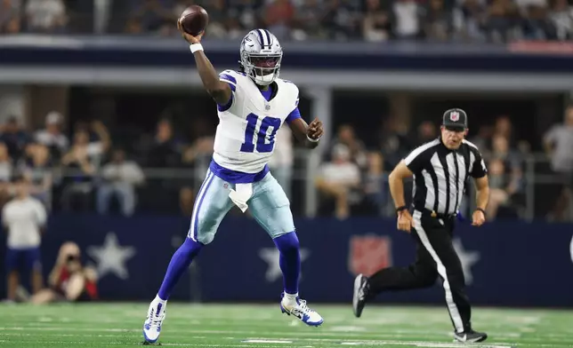 Dallas Cowboys quarterback Joe Milton III (10) throws against the New Orleans Saints during the first half of a preseason NFL football game, in Arlington, Texas, Friday, Aug. 28, 2026. (AP Photo/Gareth Patterson)