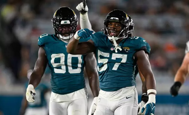 Jacksonville Jaguars defensive end Bryan Thomas Jr. (57) celebrates a sack during the first half of an NFL preseason football game against the Tampa Bay Buccaneers, Friday, Aug. 28, 2026, in Jacksonville, Fla. (AP Photo/Phelan M. Ebenhack)