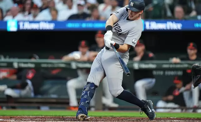 New York Yankees' Ben Rice hits a home run during the third inning of a baseball game against the Baltimore Orioles, Wednesday, Aug. 19, 2026, in Baltimore. (AP Photo/Stephanie Scarbrough)