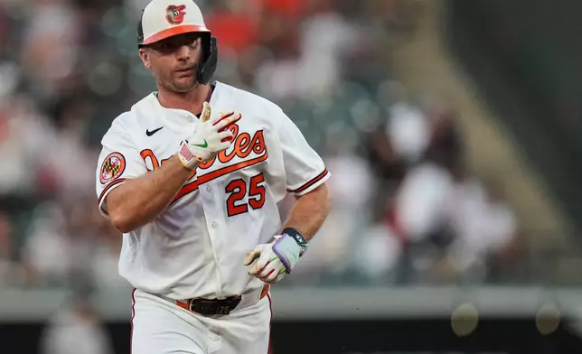 Baltimore Orioles' Pete Alonso (25) rounds the bases after hitting a home run during the third inning of a baseball game against the New York Yankees, Wednesday, Aug. 19, 2026, in Baltimore. (AP Photo/Stephanie Scarbrough)