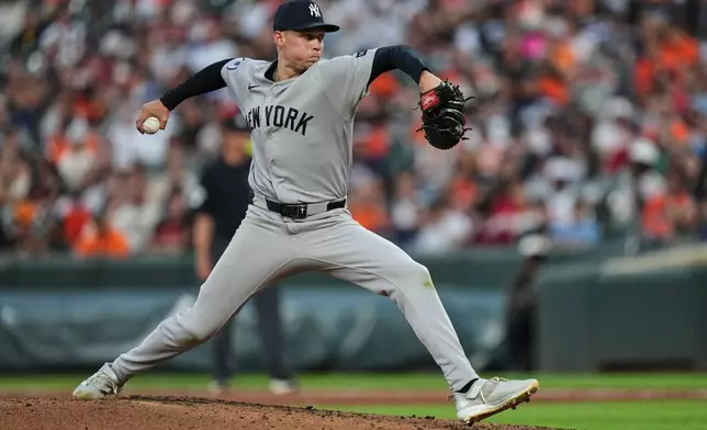 New York Yankees starting pitcher Will Warren delivers during the third inning of a baseball game against the Baltimore Orioles, Wednesday, Aug. 19, 2026, in Baltimore. (AP Photo/Stephanie Scarbrough)
