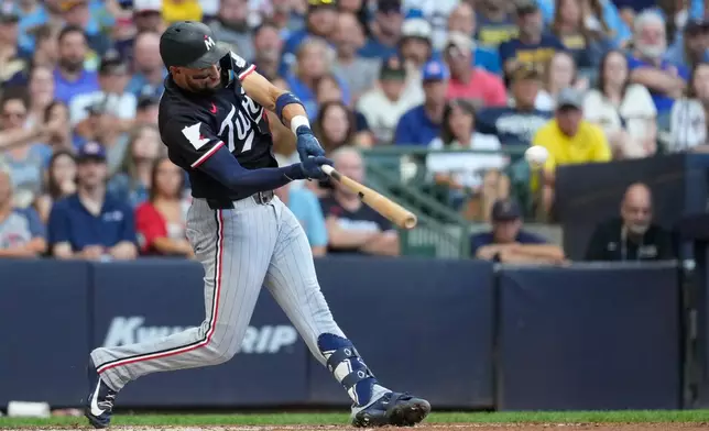 Minnesota Twins' Royce Lewis hits a two-run double during the second inning of a baseball game against the Milwaukee Brewers, Saturday, Aug. 8, 2026, in Milwaukee. (AP Photo/Aaron Gash)