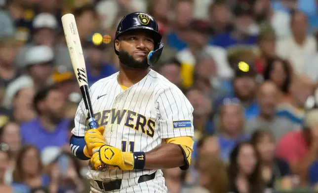 Milwaukee Brewers' Jackson Chourio reacts during an at bat during the seventh inning of a baseball game against the Minnesota Twins, Saturday, Aug. 8, 2026, in Milwaukee. (AP Photo/Aaron Gash)