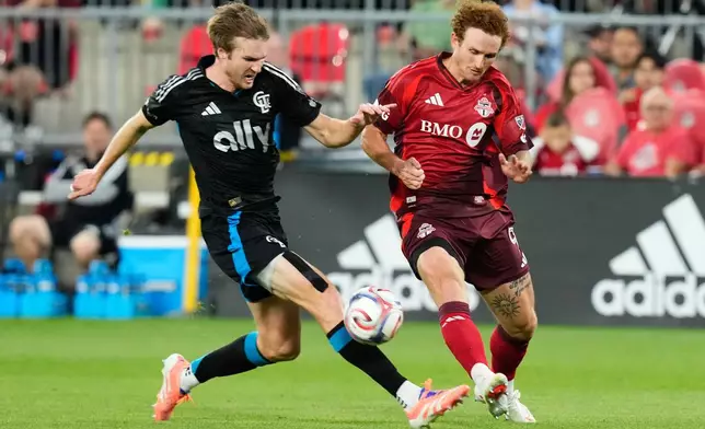 Toronto FC's Josh Sargent (right) and Charlotte FC's Henry Kessler (22) vie for the ball during the first half of a MLS soccer game in Toronto, Wednesday, Aug. 19, 2026. (Chris Young/The Canadian Press via AP)