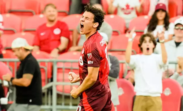 Toronto FC's Markus Cimermancic (71) celebrates his goal against Charlotte FC during the first half of a MLS soccer game in Toronto, Wednesday, Aug. 19, 2026. (Chris Young/The Canadian Press via AP)