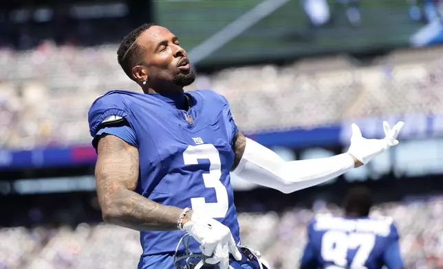 New York Giants wide receiver Odell Beckham Jr. takes the field for a preseason NFL football game against the Minnesota Vikings Saturday, Aug. 15, 2026, in East Rutherford, N.J. (AP Photo/Adam Hunger)