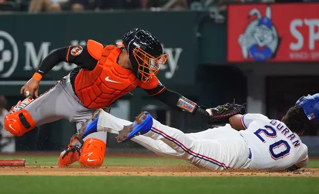 Texas Rangers' Ezequiel Duran (20) scores against Baltimore Orioles catcher Carlos Narváez during the second inning of a baseball game, Saturday, Aug. 8, 2026, in Arlington, Texas. (AP Photo/LM Otero)