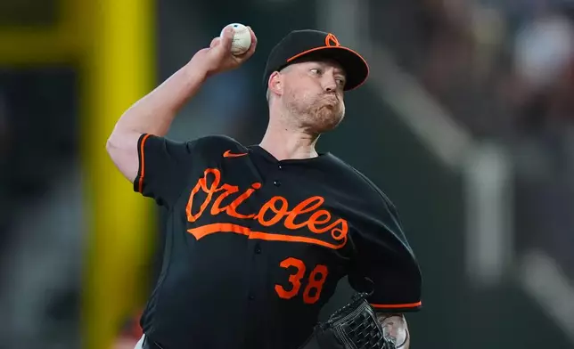 Baltimore Orioles starting pitcher Kyle Bradish throws during the first inning of a baseball game against the Texas Rangers, Saturday, Aug. 8, 2026, in Arlington, Texas. (AP Photo/LM Otero)