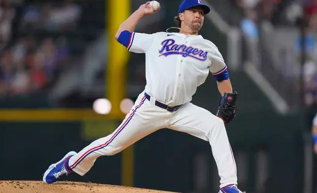 Texas Rangers starting pitcher Jacob Degrom throws during the first inning of a baseball game against the Baltimore Orioles, Saturday, Aug. 8, 2026, in Arlington, Texas. (AP Photo/LM Otero)