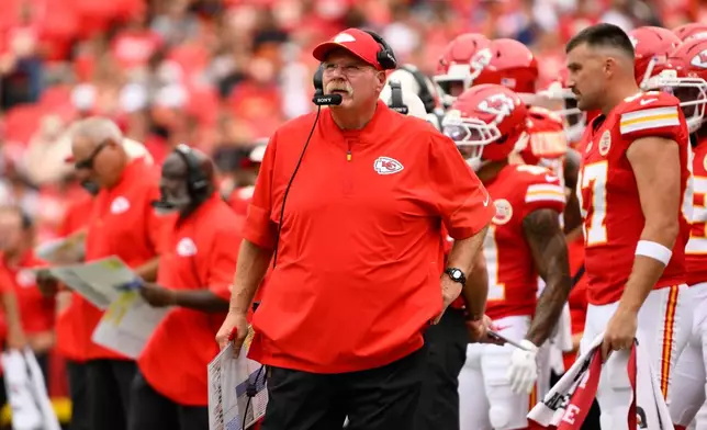 Kansas City Chiefs head coach Andy Reid watches during the first half of an NFL preseason football game against the Los Angeles Rams, Saturday, Aug. 15, 2026, in Kansas City, MO. (AP Photo/Reed Hoffmann)