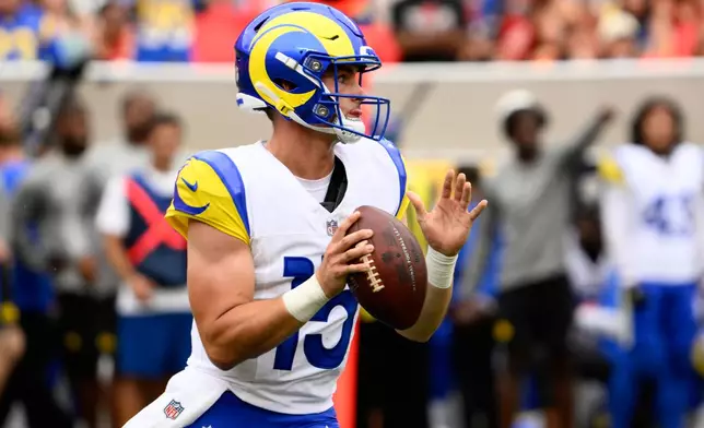 Los Angeles Rams quarterback Ty Simpson passes against the Kansas City Chiefs during the first half of an NFL preseason football game, Saturday, Aug. 15, 2026, in Kansas City, MO. (AP Photo/Reed Hoffmann)
