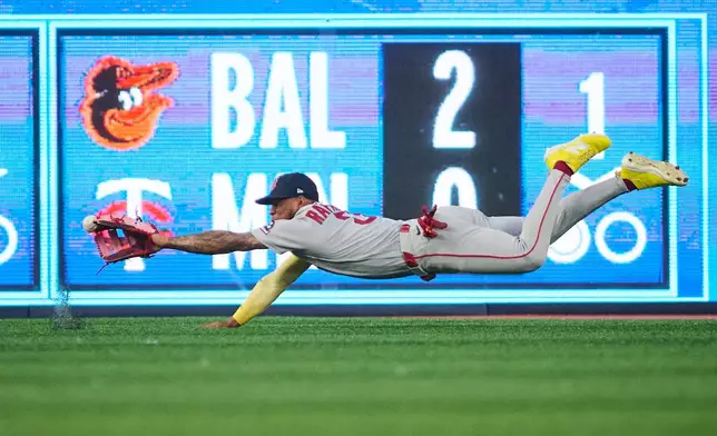 Boston Red Sox's Ceddanne Rafaela (3) can't make the catch as Toronto Blue Jays' Brett Bateman (21) hits an RBI double during third inning MLB baseball action in Toronto, on Tuesday, Aug. 11, 2026. (Sammy Kogan/The Canadian Press via AP)
