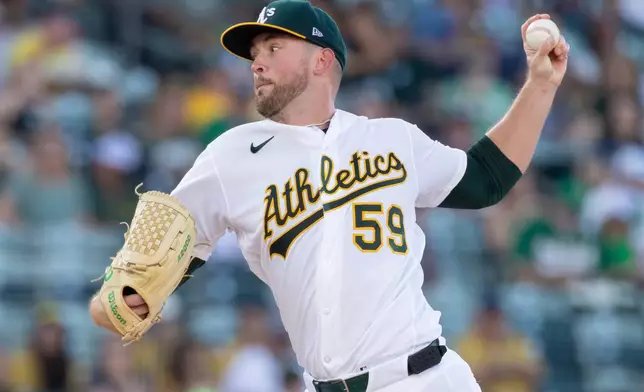 Athletics pitcher Jeffrey Springs throws to the Detroit Tigers during the first inning of a baseball game Friday, July 31, 2026, in West Sacramento, Calif. (AP Photo/Sara Nevis)