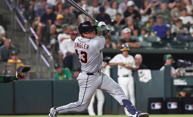 Detroit Tigers' Dillon Dingler hits a grand slam during the eighth inning of a baseball game against the Athletics Friday, July 31, 2026, in West Sacramento, Calif. (AP Photo/Sara Nevis)