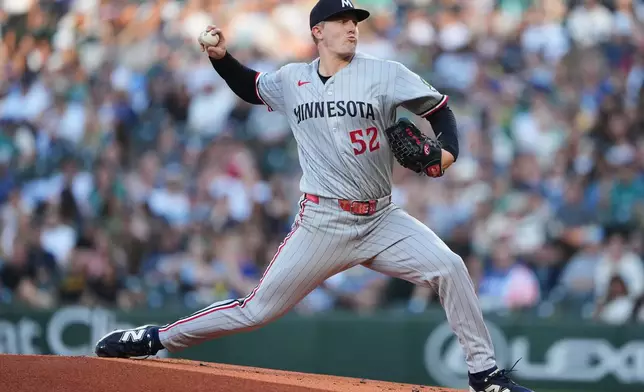 Minnesota Twins starting pitcher Zebby Matthews throws against the Seattle Mariners during the first inning of a baseball game, Friday, July 31, 2026, in Seattle. (AP Photo/Lindsey Wasson)