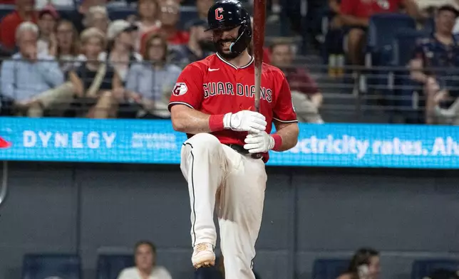 Cleveland Guardians' Austin Hedges reacts after a strike out by Arizona Diamondbacks relief pitcher Gerardo Carrillo during the sixth inning of a baseball game, Saturday, Aug. 1, 2026, in Cleveland. (AP Photo/Phil Long)