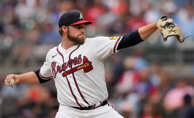 Atlanta Braves pitcher Bryce Elder (55) works in the first inning of a baseball game against the Miami Marlins, Wednesday, Aug. 5, 2026, in Atlanta. (AP Photo/Mike Stewart)