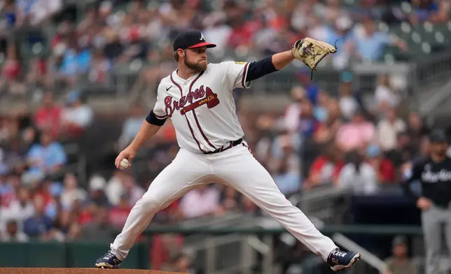 Atlanta Braves pitcher Bryce Elder (55) works in the first inning of a baseball game against the Miami Marlins, Wednesday, Aug. 5, 2026, in Atlanta. (AP Photo/Mike Stewart)