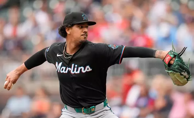 Miami Marlins pitcher Eury Pérez (39) delivers in the first inning of a baseball game against the Atlanta Braves, Wednesday, Aug. 5, 2026, in Atlanta. (AP Photo/Mike Stewart)