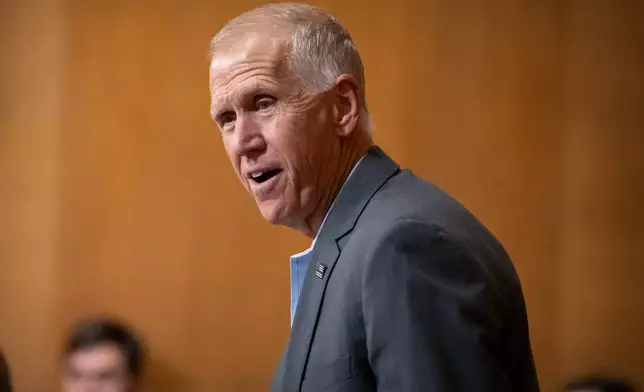 Sen. Thom Tillis, R-N.C., arrives for a hearing of the Senate Finance Committee on Capitol Hill, Thursday, July 30, 2026, in Washington. (AP Photo/Mark Schiefelbein)