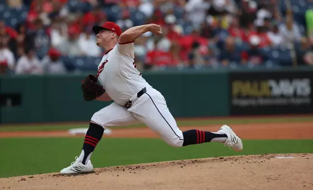 Cleveland Guardians' Parker Messick pitches in the first inning of a baseball game against the Kansas City Royals in Cleveland, Sunday, Aug. 30, 2026. (AP Photo/Tim Phillis)