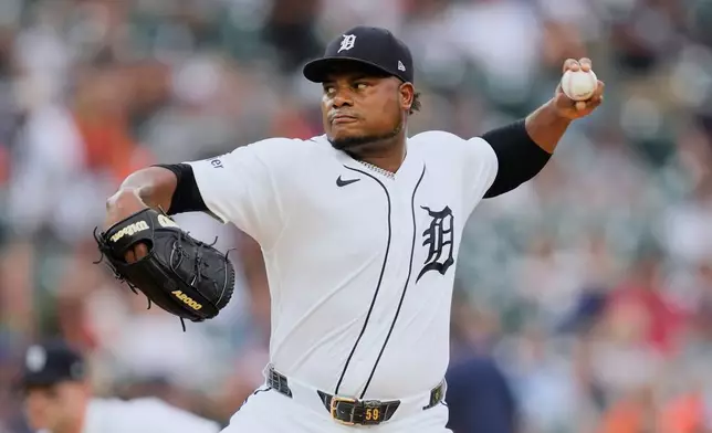 Detroit Tigers pitcher Framber Valdez throws against the Cleveland Guardians during the first inning of a baseball game Wednesday, Aug. 12, 2026, in Detroit. (AP Photo/Paul Sancya)