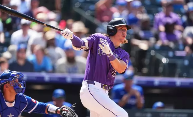 Colorado Rockies' Jake McCarthy follows the flight of his three-run home run off Kansas City Royals relief pitcher Aaron Bummer in the sixth inning of a baseball game Sunday, Aug. 2, 2026, in Denver. (AP Photo/David Zalubowski)