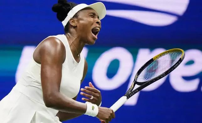 Venus Williams, of the United States, reacts during her first round match against compatriot Sofia Kenin at the U.S. Open tennis championships, Monday, Aug. 31, 2026, in New York. (AP Photo/Frank Franklin II)