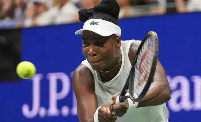 Venus Williams, of the United States, plays a backhand return to compatriot Sofia Kenin during their first round match of the U.S. Open tennis championships, Monday, Aug. 31, 2026, in New York. (AP Photo/Frank Franklin II)
