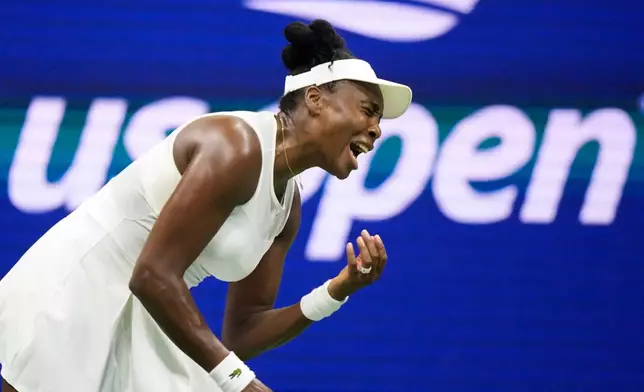 Venus Williams, of the United States, reacts during her first round match against compatriot Sofia Kenin at the U.S. Open tennis championships, Monday, Aug. 31, 2026, in New York. (AP Photo/Frank Franklin II)