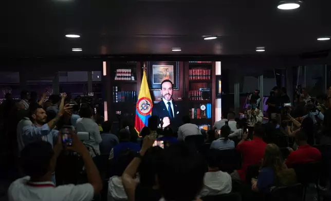 President-elect Abelardo de la Espriella delivers a statement by video to journalists in Cali, Colombia, ahead of his inauguration, Thursday, Aug. 6, 2026. (AP Photo/Matias Delacroix)