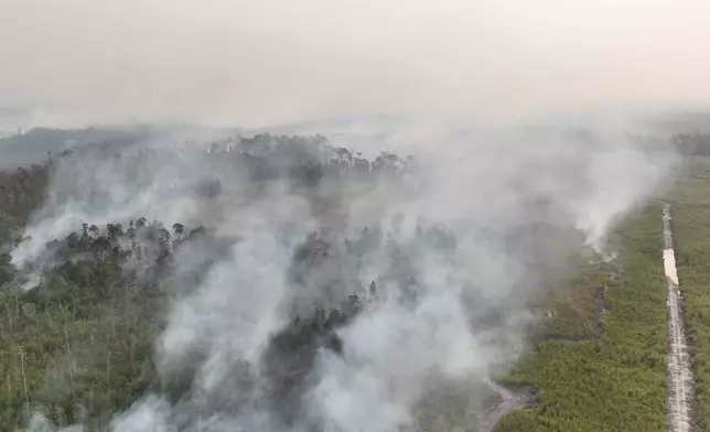 In this aerial photo relased by Indonesia's National Disaster Mitigation Agency (BNPB) on Friday, Aug. 21, 2026, smoke billows as a wildfire razes through a peatland forest in Bulungan, North Kalimantan, Indonesia. (BNPB via AP)