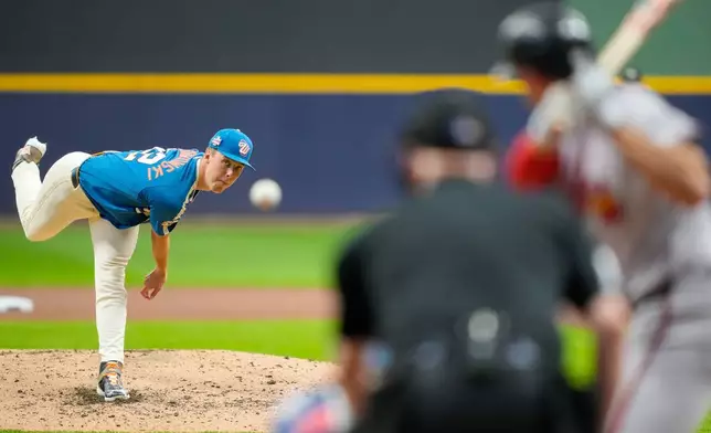 Milwaukee Brewers pitcher Jacob Misiorowski throws during the fourth inning of a baseball game against the Atlanta Braves, Friday, Aug. 21, 2026, in Milwaukee. (AP Photo/Kayla Wolf)
