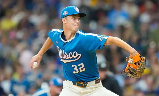 Milwaukee Brewers pitcher Jacob Misiorowski throws during the first inning of a baseball game against the Atlanta Braves, Friday, Aug. 21, 2026, in Milwaukee. (AP Photo/Kayla Wolf)