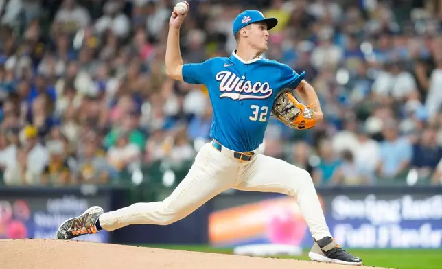 Milwaukee Brewers pitcher Jacob Misiorowski throws during the first inning of a baseball game against the Atlanta Braves, Friday, Aug. 21, 2026, in Milwaukee. (AP Photo/Kayla Wolf)