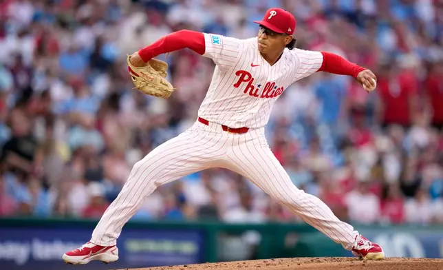 Philadelphia Phillies' Jesús Luzardo pitches during the second inning of a baseball game against the Washington Nationals Tuesday, Aug. 4, 2026, in Philadelphia. (AP Photo/Matt Slocum)