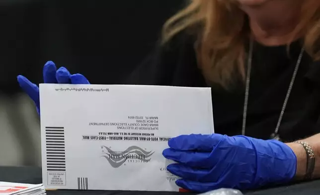An election worker sorts vote-by-mail ballots at the Miami-Dade County Supervisor of Elections Office for the Florida primary election in Doral, Fla., Tuesday, Aug. 18, 2026. (AP Photo/Lynne Sladky)