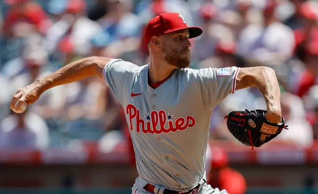 Philadelphia Phillies starting pitcher Zack Wheeler throws during the first inning of a baseball game against the Los Angeles Angels, Sunday, Aug. 30, 2026, in Anaheim, Calif. (AP Photo/Caroline Brehman)