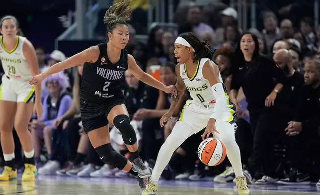 Dallas Wings guard Sug Sutton (0) controls the ball while being defended by Golden State Valkyries guard Kaitlyn Chen (2) during the first half of a WNBA basketball game in San Francisco, Monday, Aug. 17, 2026. (AP Photo/Jeff Chiu)
